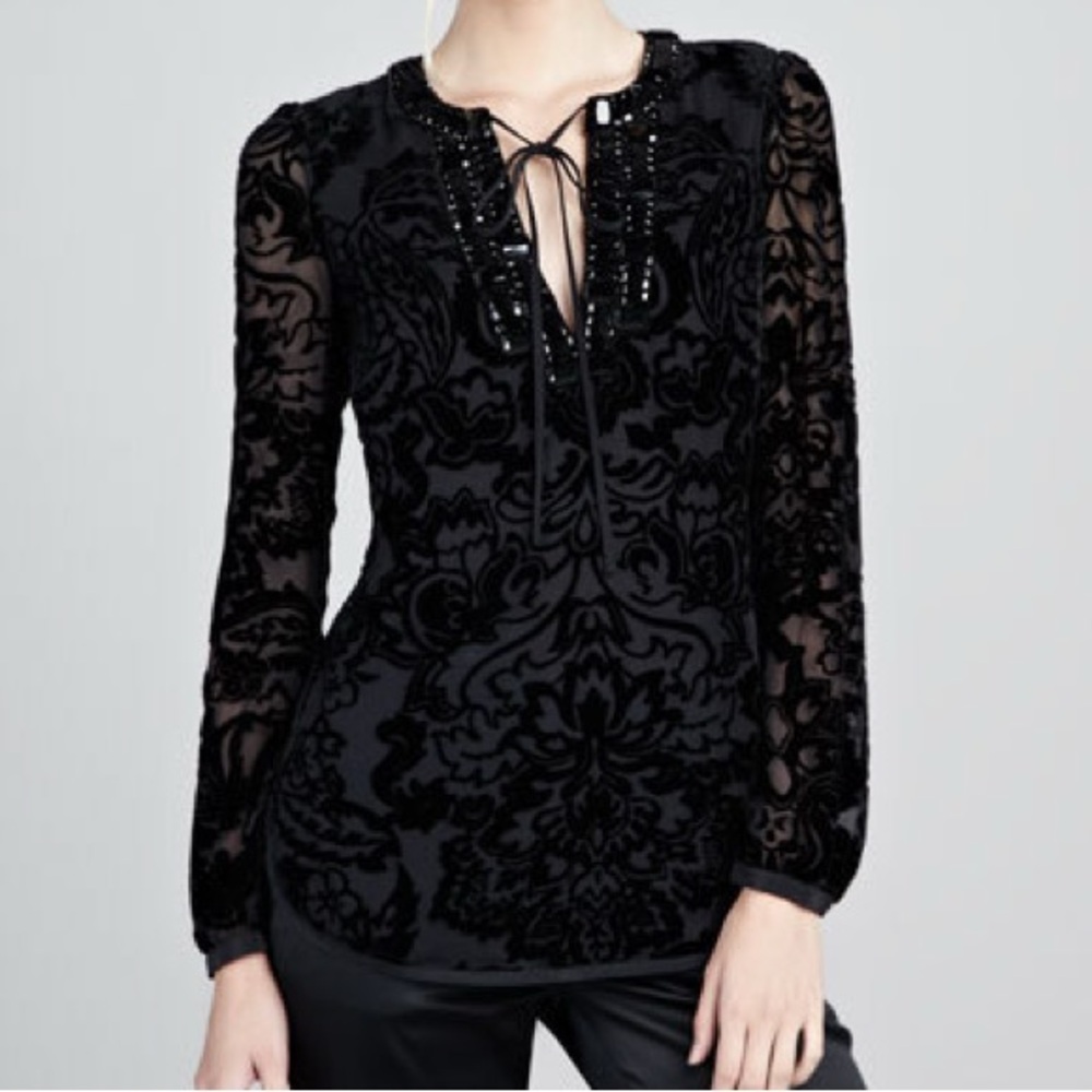 Tory Burch Auden Tie Neck Black Velvet Beaded Tunic